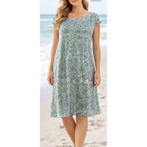 Lina Tomei 100% linen Made in Italy mosaic printed green dress size large